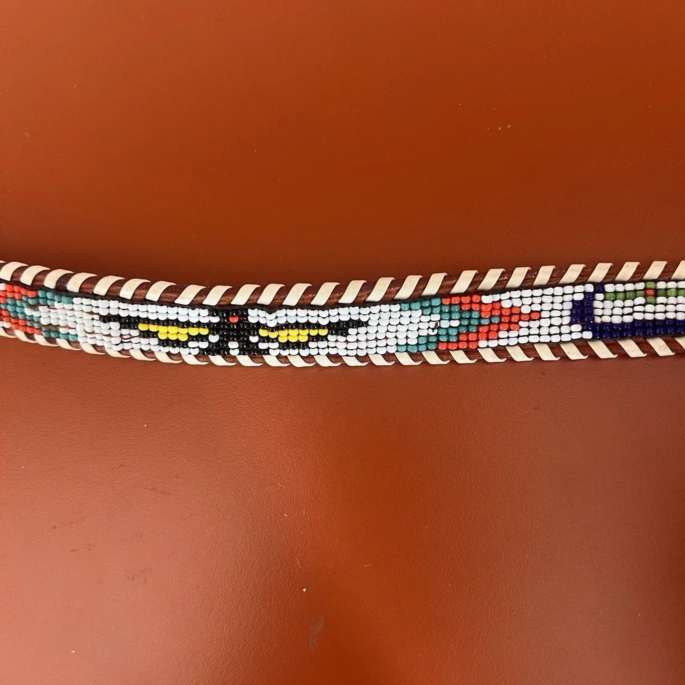Vintage Leather Belt Child Toddler Southwest Beaded Eagle Seed Bead 30 inch